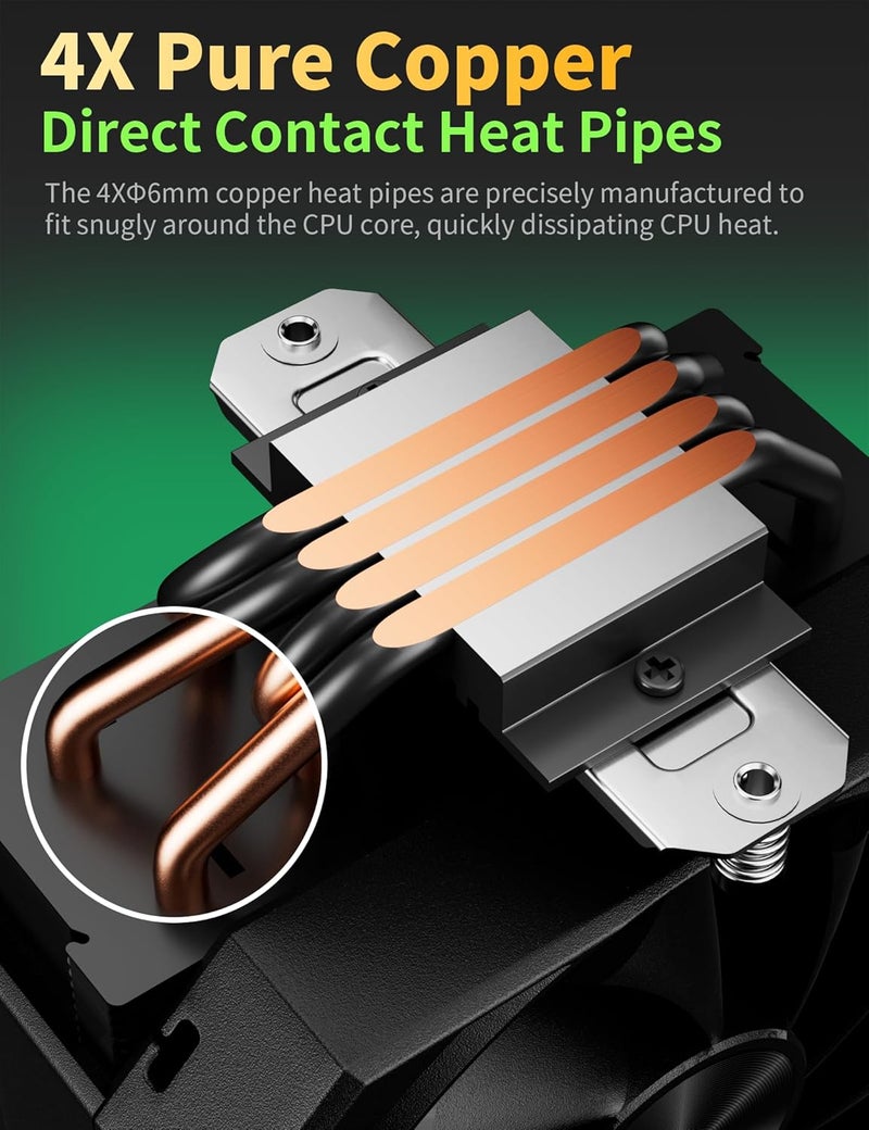 upHere CPU Air Cooler with 4X6mm Heat Pipes,120mm Fan ARGB CPU Cooler 1650rmp,CPU Cooler AMD AM5/AM4/AM3 Series,CPU Air Cooler 6.1’’ Height Compatible with Intel LGA 1700/1851/1155/1156/2011/2066(Black) - Image 2